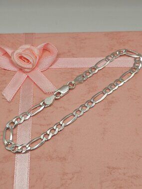 Sterling Silver 925 High Polished Super Flat Figaro Bracelet 4.7mm 7mm